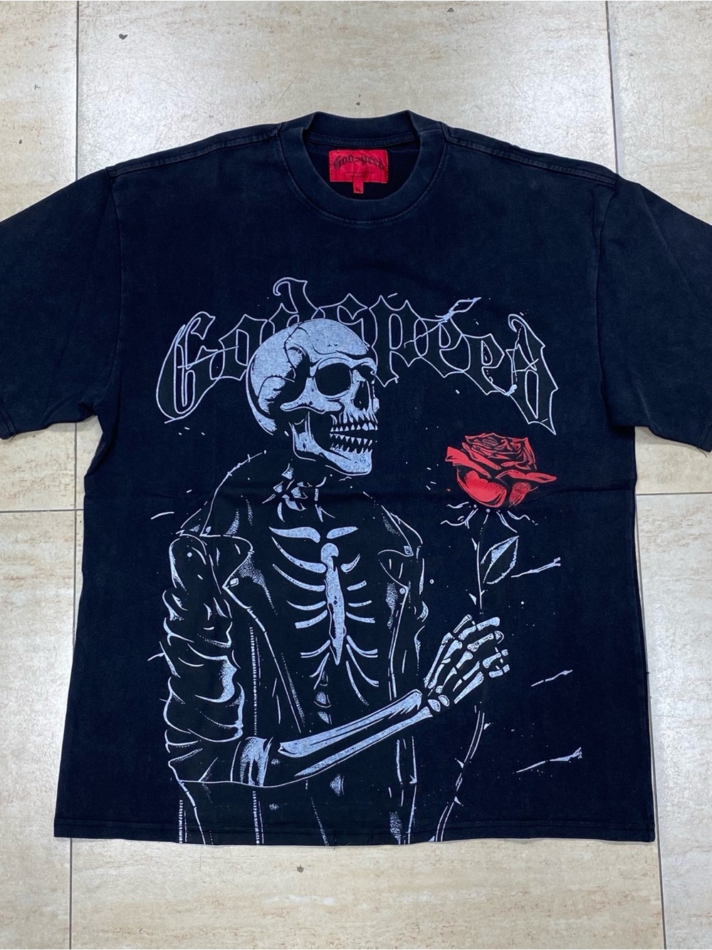 Black Graphic Skeleton Tee with Red Rose - Gothcore Short Sleeve